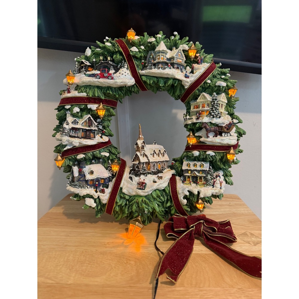 Thomas Kinkade Christmas Village Wreath Illuminated Hamilton Collection 16in
